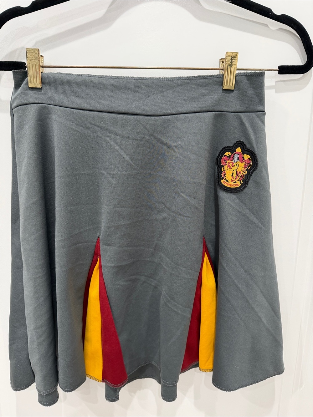 Pottery Barn Teen Gray Skater Skirt with Red and Yellow Insets and Crest Patch